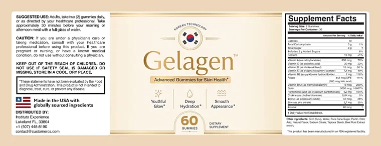 The Gelagen label and Supplement Facts panel